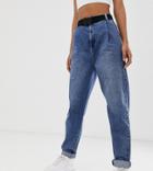 Asos Design Tall Tapered Leg Boyfriend Jeans With Curve Seam In Mid Vintage Wash With Webbing Belt-blue