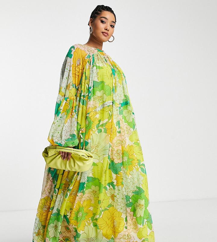 Asos Edition Curve Gathered Neck Maxi Dress In Retro Floral Print-multi