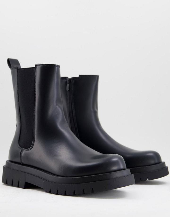 Truffle Collection Pull On Chunky Calf Chelsea Boots In Black Faux Leather