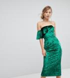 True Violet Velvet Midi Dress With Frill Detail-green