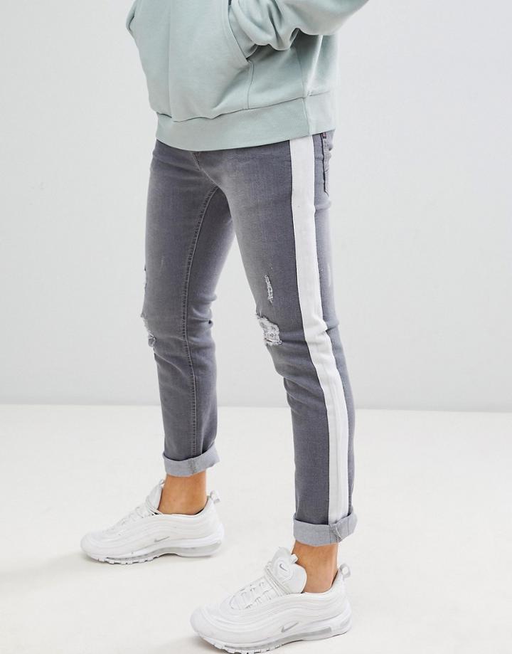Le Breve Skinny Fit Side Stripe Distressed Jeans - Gray