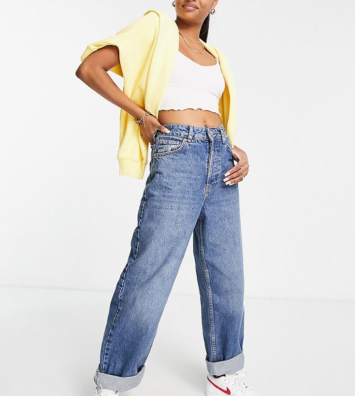 Topshop Petite Oversized Mom Jean In Mid Blue