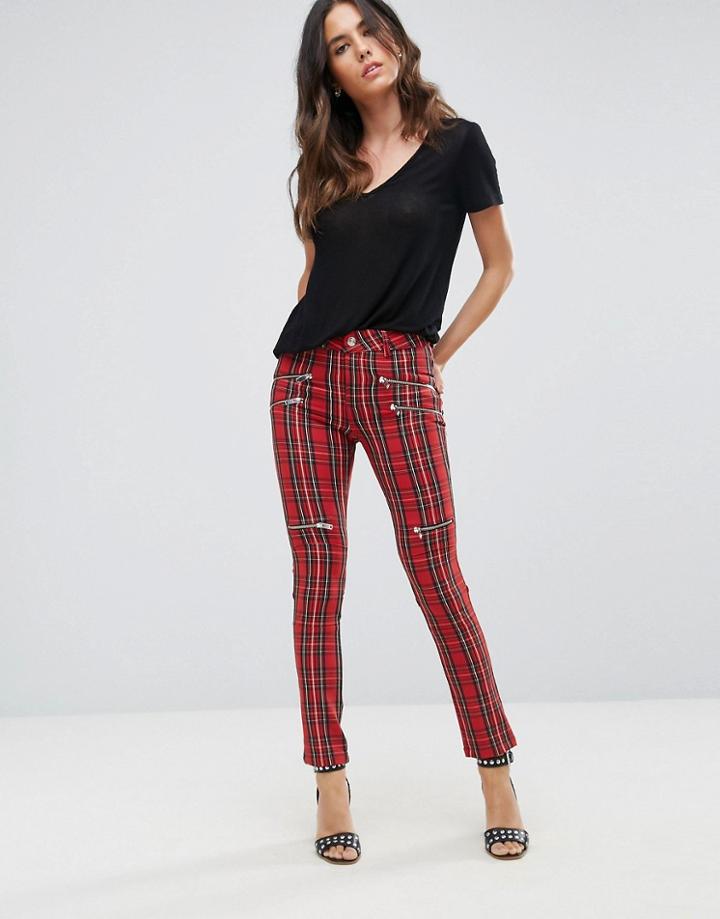 Mango Plaid Biker Pant - Red