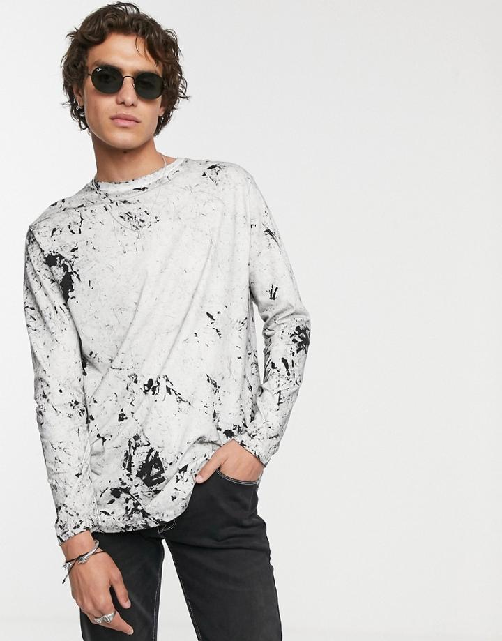 Asos Design Organic Cotton Relaxed Longline Long Sleeve Shirt With Curved Hem In White Tie-dye Wash - White