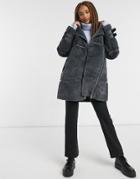 New Look Longline Faux-fur Aviator Jacket In Dark Gray-grey
