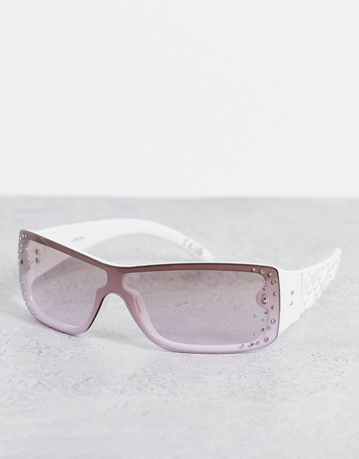 Asos Design Recycled Frame Quilted Temple Sunglasses In White With Crystal Lens