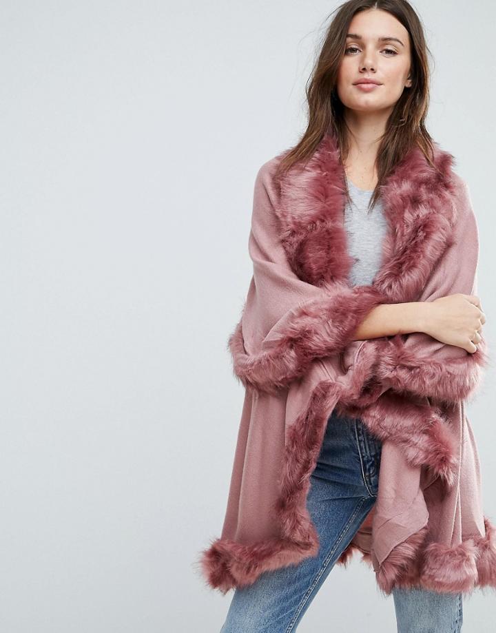 Jayley Faux Fur Trim Double Layer Wool Poncho - Pink