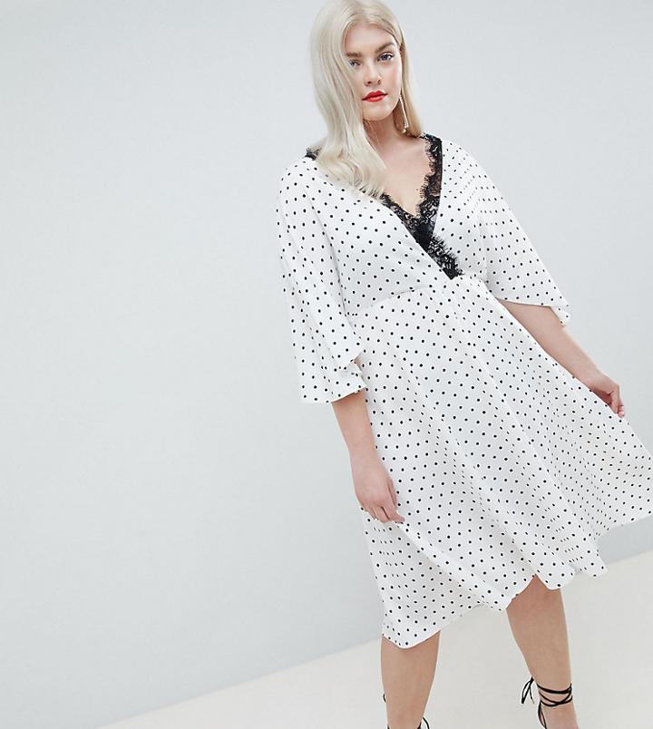 Asos Design Curve Exclusive Spot Lace Trim Kimono Midi Dress - White