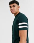 Asos Design T-shirt With Contrast Sleeve Stripes In Green