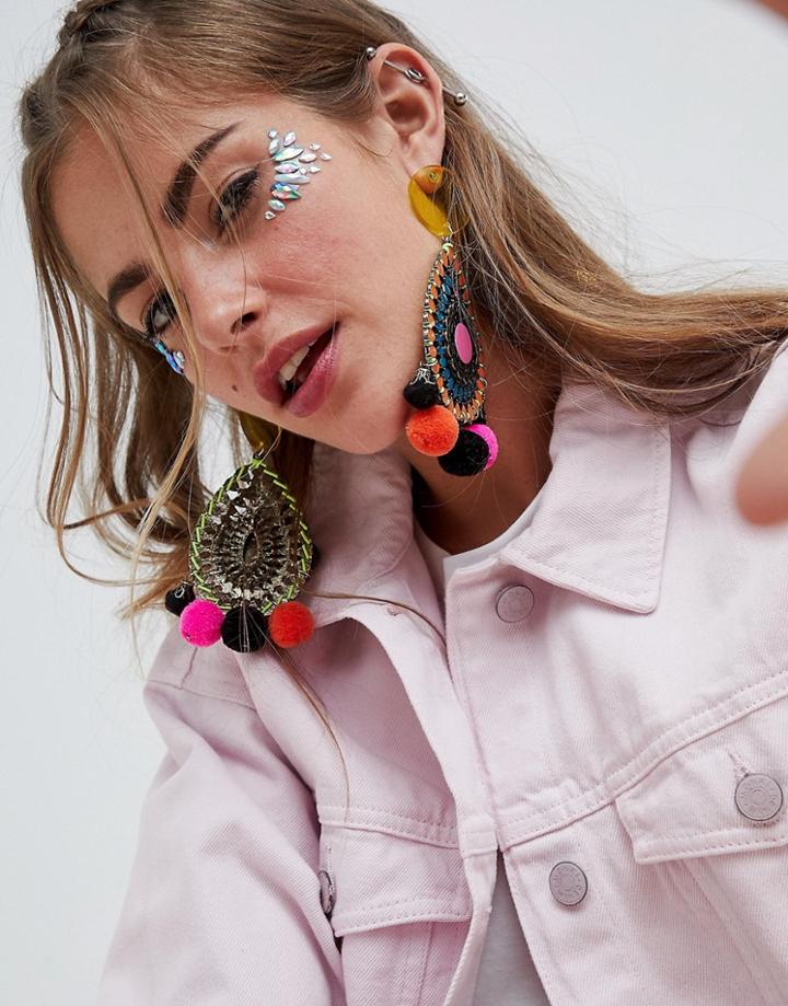 Asos Design Resin And Jewel Cut Out Disc Pom Earrings - Multi