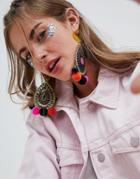Asos Design Resin And Jewel Cut Out Disc Pom Earrings - Multi