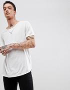 Asos Design Relaxed Longline T-shirt With Raw Scoop Neck And Curve Hem In Linen Mix In Ecru - White
