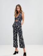 Goldie Floral Printed Midi Length Jumpsuit With Front Tie - Multi