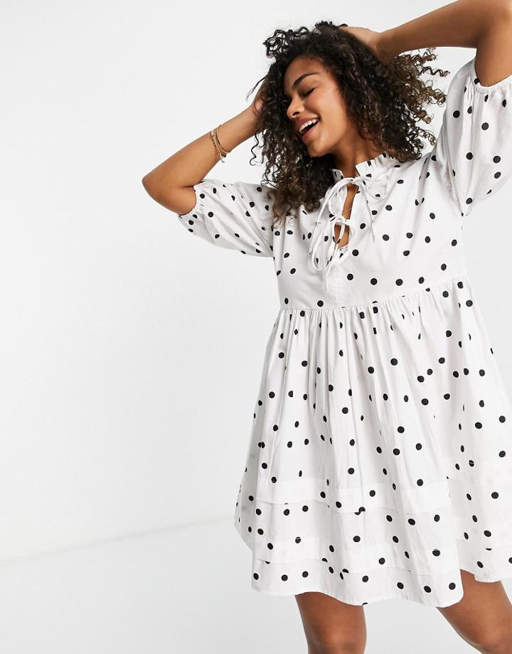 Influence Tie Front Cotton Poplin Mini Dress In White Polka Dot