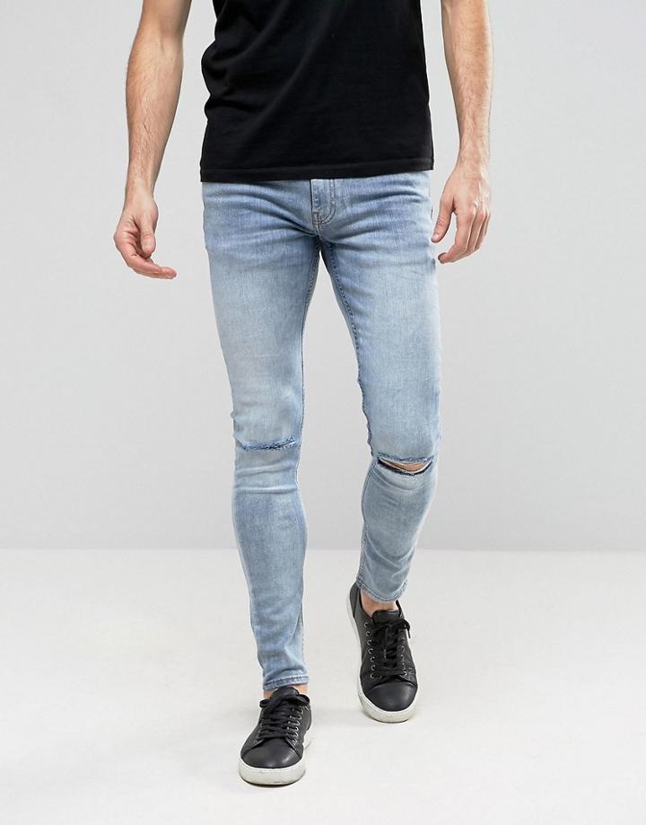 Ringspun Super Skinny Jeans With Knee Rips - Blue