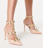 London Rebel Wide Fit Studded Strappy Heeled Shoes In Beige-neutral
