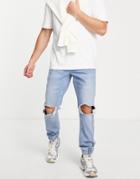 Asos Design Slim Jean In Light Wash With Elasticated Hem-blue