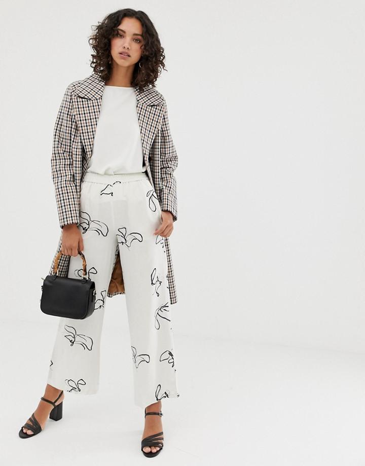 Selected Femme Printed Wide Leg Pants With Elasticated Waist - White