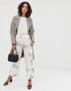 Selected Femme Printed Wide Leg Pants With Elasticated Waist - White
