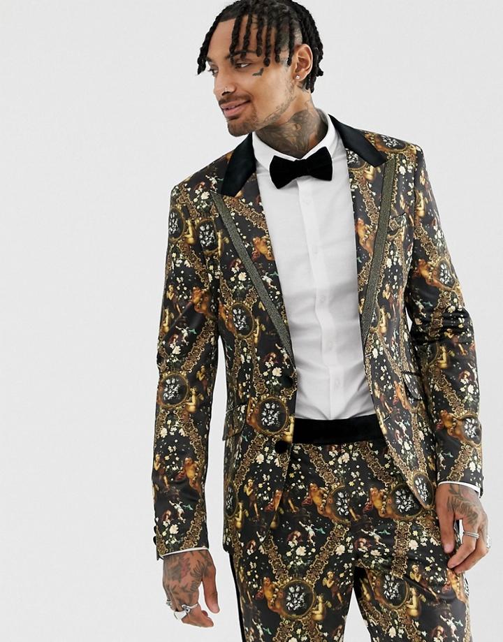 Asos Edition Skinny Suit Jacket In Baroque Printed Sateen - Black