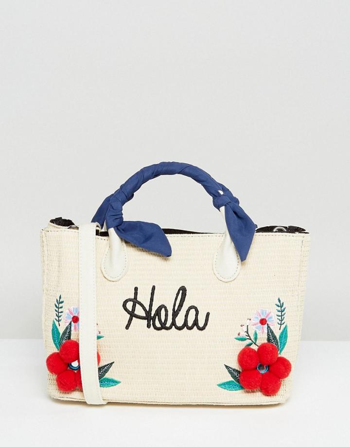Skinnydip Straw Tote Bag With Floral Pom Detail - Beige