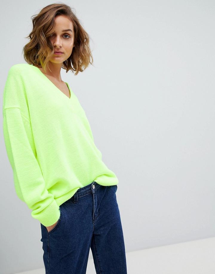 Asos Design Oversized Fluro V Neck Sweater-yellow