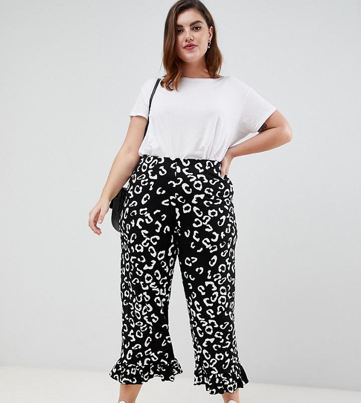 Asos Design Curve Pants With Fluted Ruffle Hem In Mono Animal Print - Multi