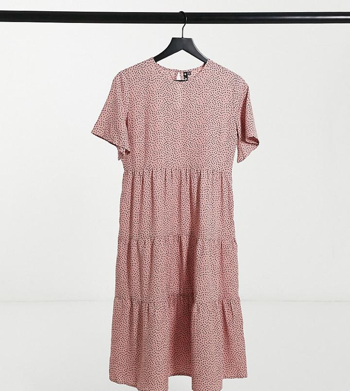 Influence Petite Shirred Tiered Midi Dress In Dusky Pink Polka Dot-multi