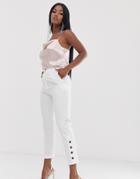 Asos Design Slim Pants With Ankle Button Detail - White