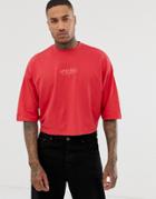 Asos Design Oversized T-shirt With City Embroidery In Pique - Red