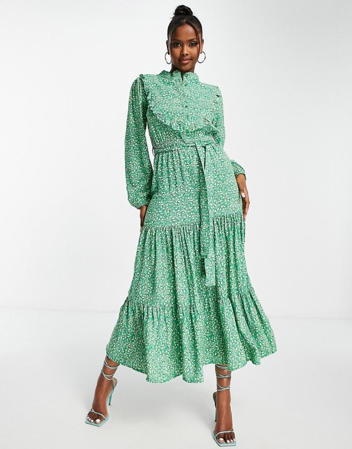 Trendyol Tiered Maxi Dress With Balloon Sleeves In Green Floral
