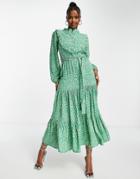 Trendyol Tiered Maxi Dress With Balloon Sleeves In Green Floral