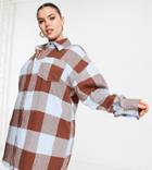 Collusion Plus Brushed Check Mini Shirt Dress In Brown And Blue-multi
