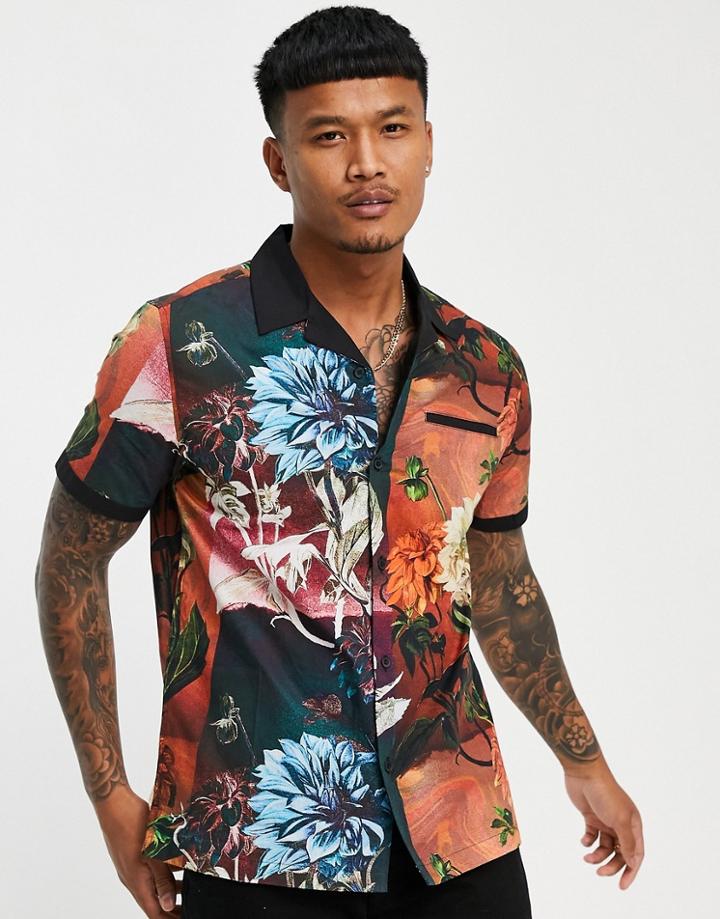 Topman Floral Print Shirt With Contrast Collar In Multi