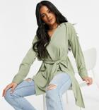 Missguided Oversized Plunge Blouse With Tie Waist In Green