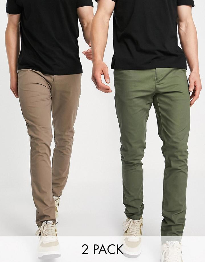 Asos Design 2 Pack Skinny Chinos In Dark Stone And Khaki-multi