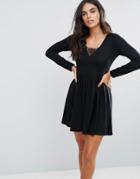 Brave Soul Stephens Long Sleeve Dress With Lace Insert - Black