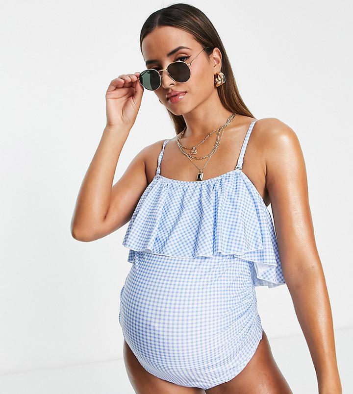 Peek & Beau Maternity Exclusive Ruffle Swimsuit With Detachable Straps In Blue Textured Gingham