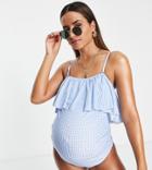 Peek & Beau Maternity Exclusive Ruffle Swimsuit With Detachable Straps In Blue Textured Gingham