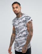 Only & Sons Longline T-shirt With Curved Hem And Cap Sleeve In Camo -