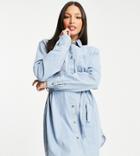 Asos Design Tall Soft Denim Oversized Belted Shirt Dress In Mid Wash-blues