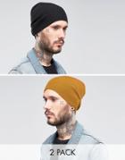 Asos Slouchy Beanie 2 Pack In Black And Mustard - Multi