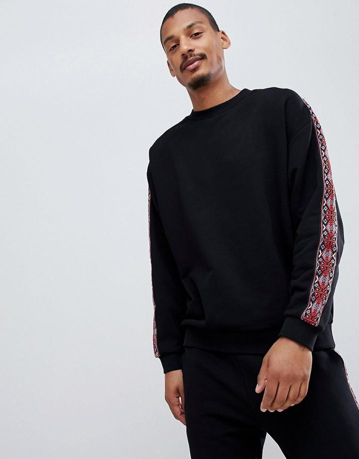 Asos Design Two-piece Oversized Sweatshirt With Geo-tribal Side Stripe - Black
