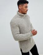 Asos Design Heavyweight Fisherman Rib Roll Neck Sweater In Oatmeal - Beige