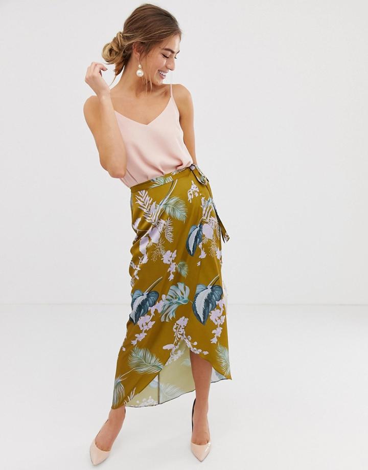 Asos Design Palm Print Satin Wrap Maxi Skirt-multi