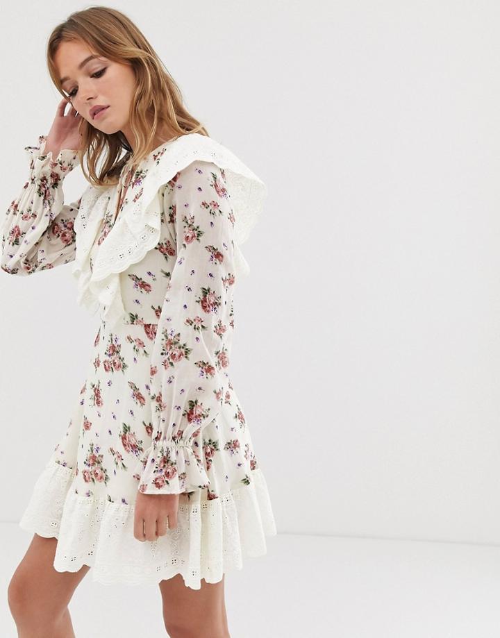 Asos Design Broderie Ruffle Skater Mini Dress In Ditsy Floral Print-multi