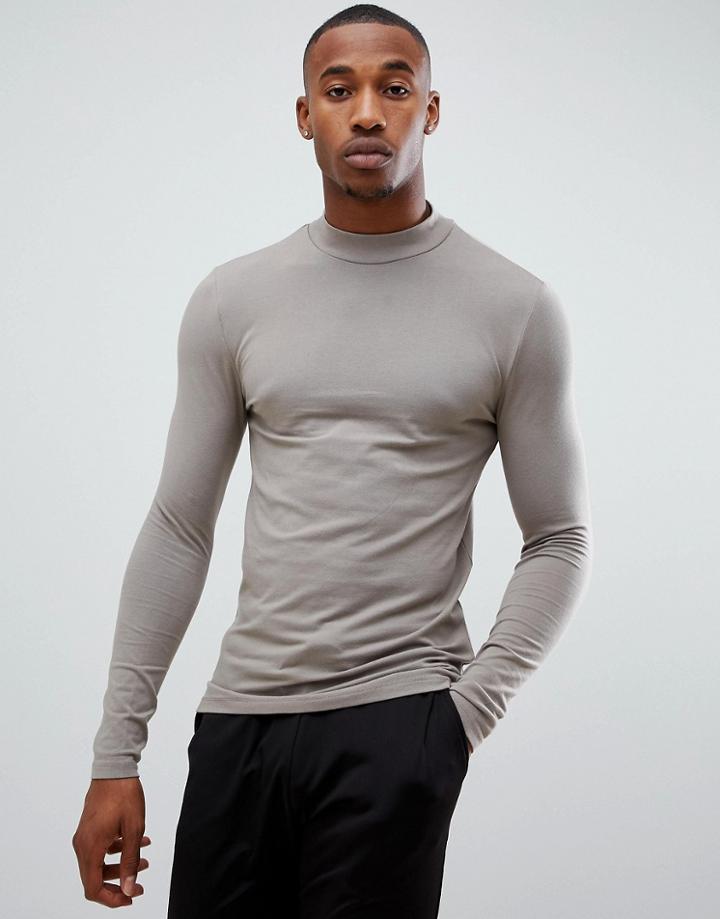 Asos Design Muscle Fit Long Sleeve Jersey Turtleneck In Beige
