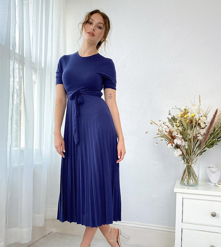 Asos Design Tall Midi Belted Pleated Dress In Navy