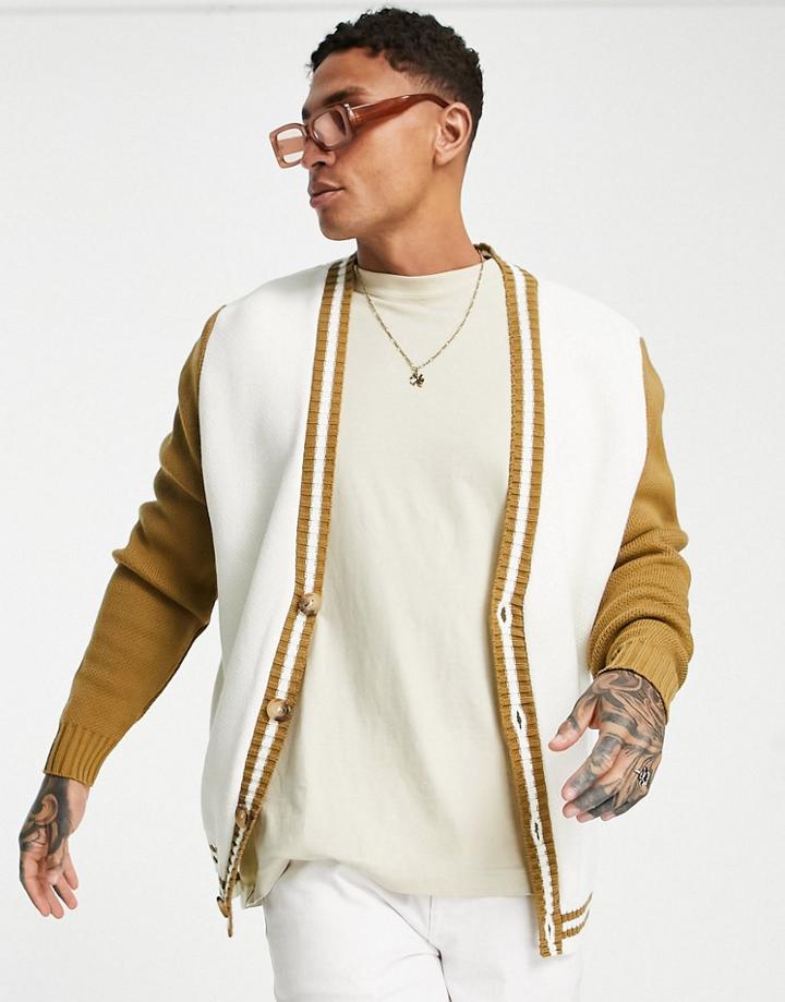 Topman Knitted Cardigan With Contrast Sleeve In Stone-neutral