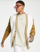 Topman Knitted Cardigan With Contrast Sleeve In Stone-neutral